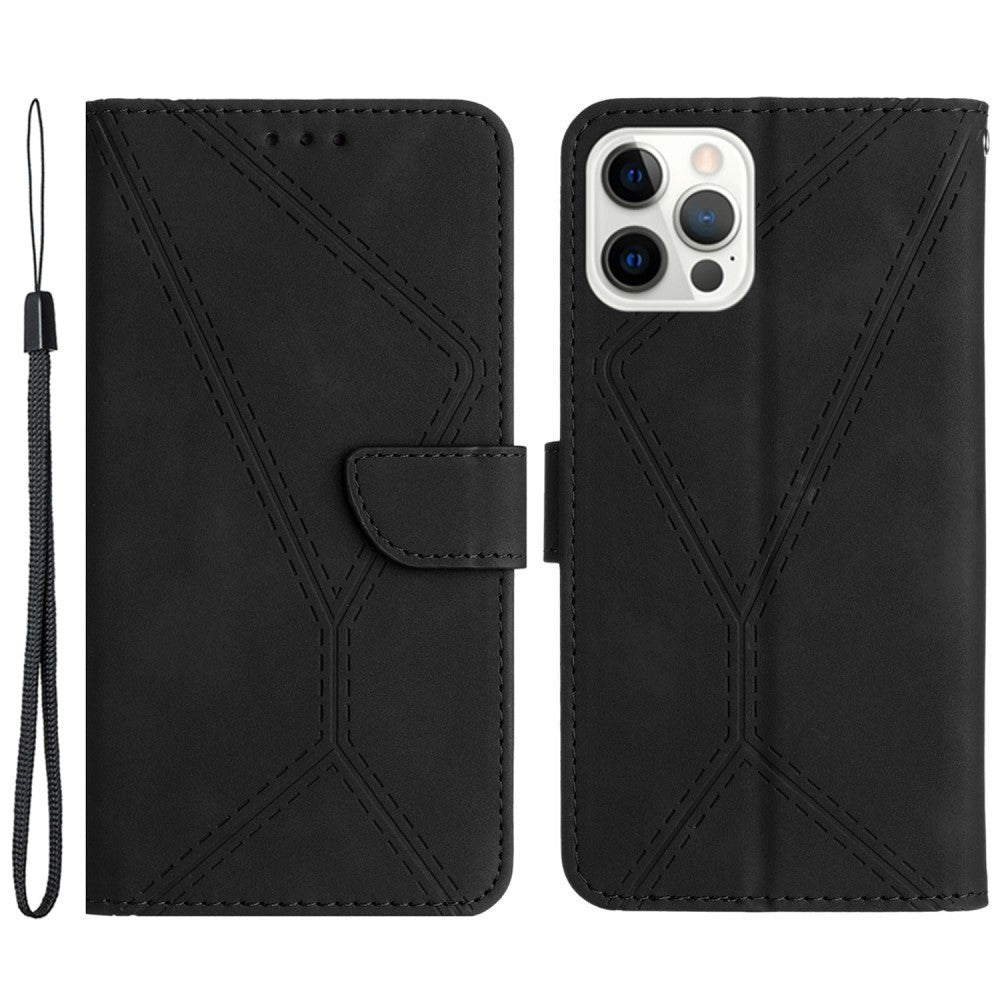 iPhone 15 Pro Max Læder Cover m. Pung & Strop - Line Mønster - Sort