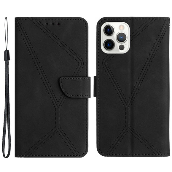 iPhone 15 Pro Max Læder Cover m. Pung & Strop - Line Mønster - Sort