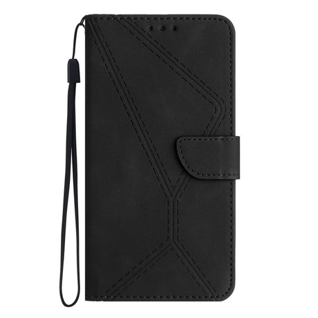iPhone 15 Pro Max Læder Cover m. Pung & Strop - Line Mønster - Sort