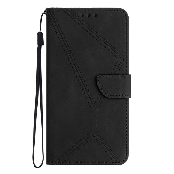 iPhone 15 Pro Max Læder Cover m. Pung & Strop - Line Mønster - Sort