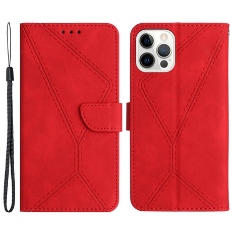 iPhone 15 Pro Max Læder Cover m. Pung & Strop - Line Mønster - Rød