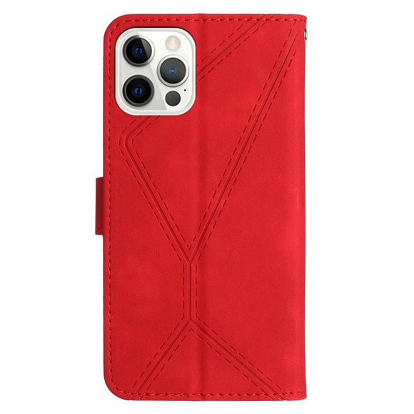 iPhone 15 Pro Max Læder Cover m. Pung & Strop - Line Mønster - Rød