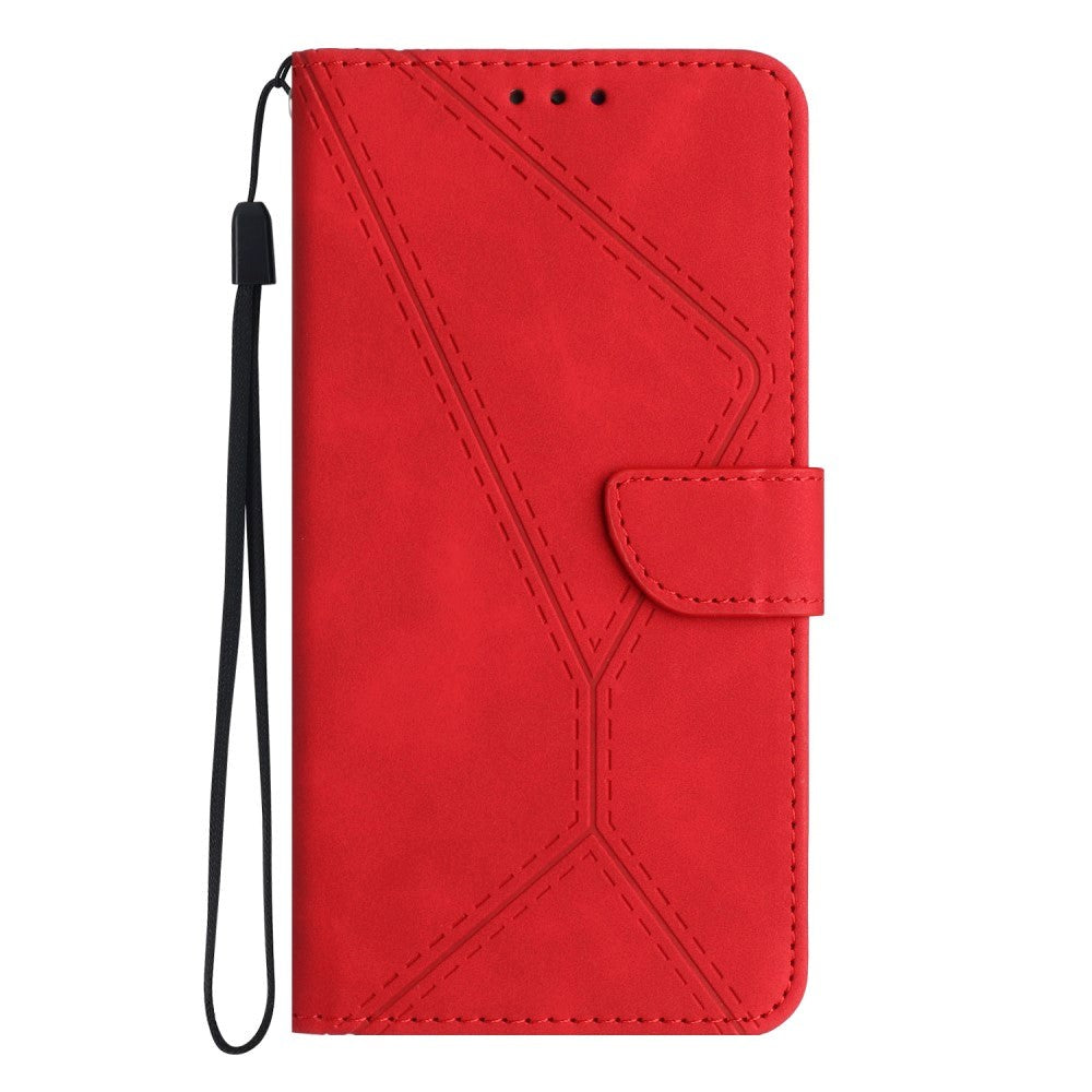 iPhone 15 Pro Max Læder Cover m. Pung & Strop - Line Mønster - Rød