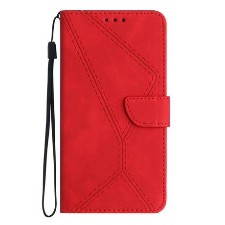 iPhone 15 Pro Max Læder Cover m. Pung & Strop - Line Mønster - Rød