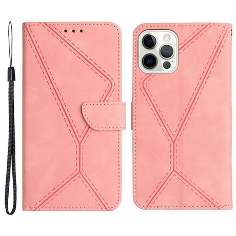 iPhone 15 Pro Max Læder Cover m. Pung & Strop - Line Mønster - Pink