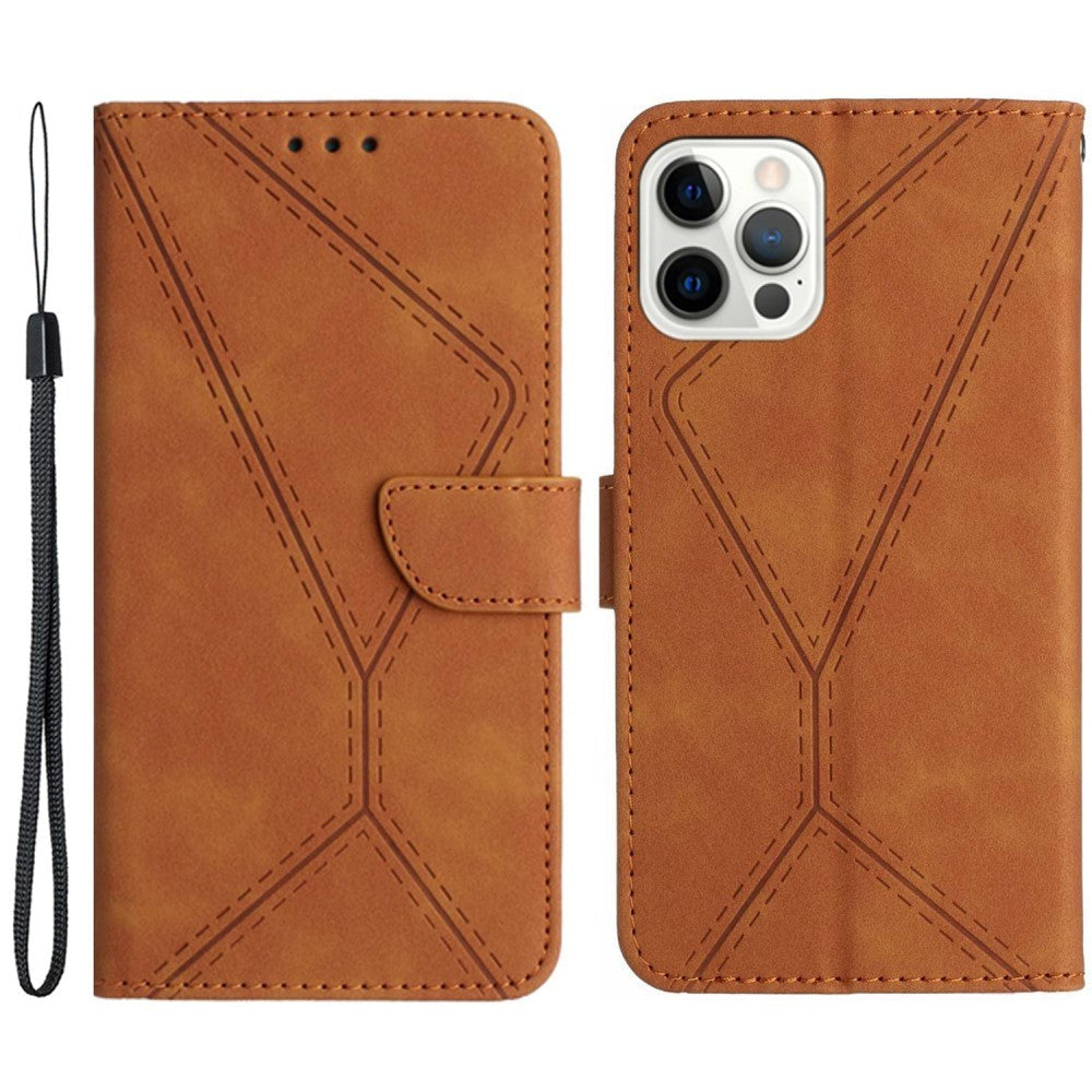 iPhone 15 Pro Max Læder Cover m. Pung & Strop - Line Mønster - Brun