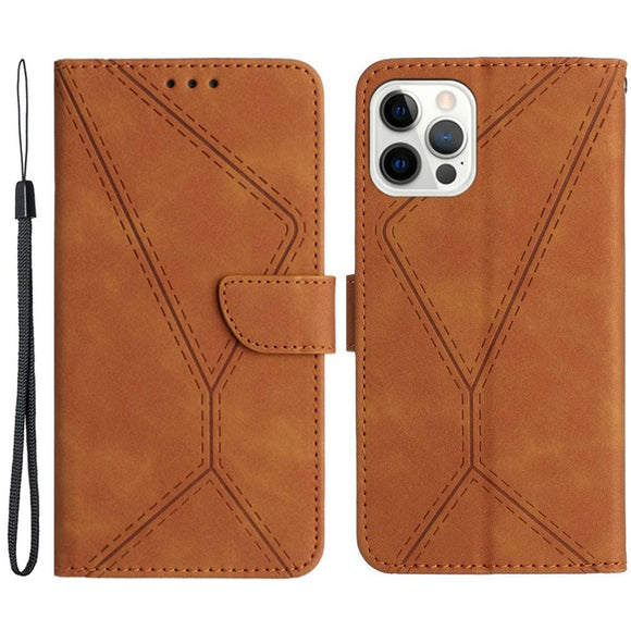 iPhone 15 Pro Max Læder Cover m. Pung & Strop - Line Mønster - Brun