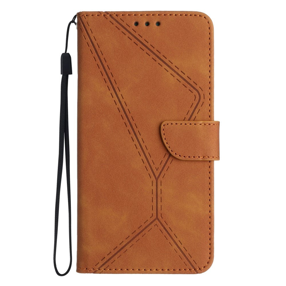 iPhone 15 Pro Max Læder Cover m. Pung & Strop - Line Mønster - Brun