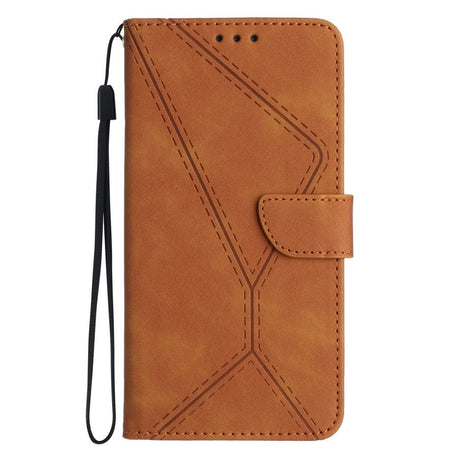 iPhone 15 Pro Max Læder Cover m. Pung & Strop - Line Mønster - Brun
