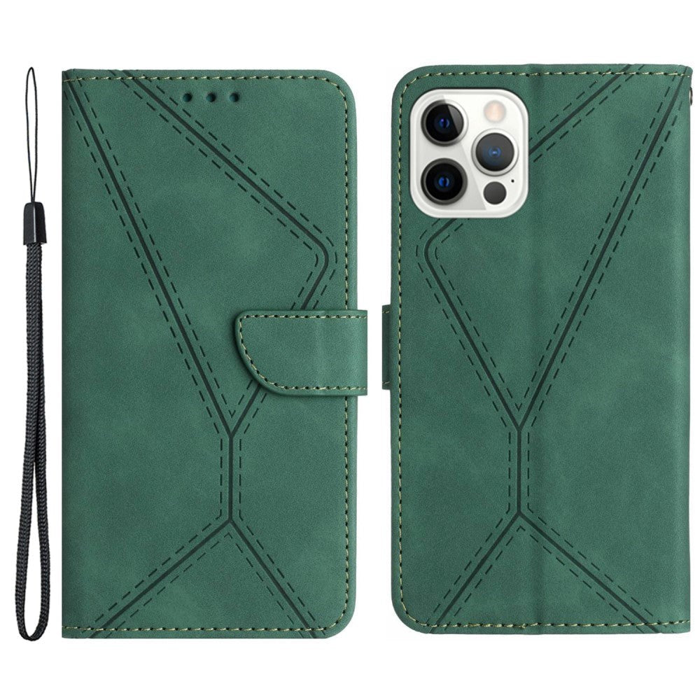 iPhone 15 Pro Max Læder Cover m. Pung & Strop - Line Mønster - Grøn