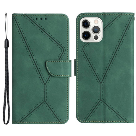 iPhone 15 Pro Max Læder Cover m. Pung & Strop - Line Mønster - Grøn