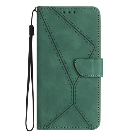 iPhone 15 Pro Max Læder Cover m. Pung & Strop - Line Mønster - Grøn