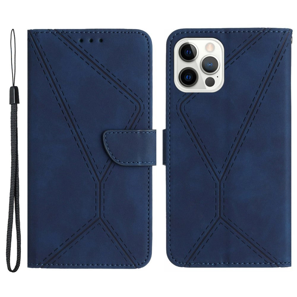 iPhone 15 Pro Max Læder Cover m. Pung & Strop - Line Mønster - Blå