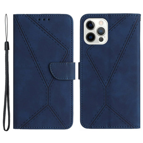 iPhone 15 Pro Max Læder Cover m. Pung & Strop - Line Mønster - Blå