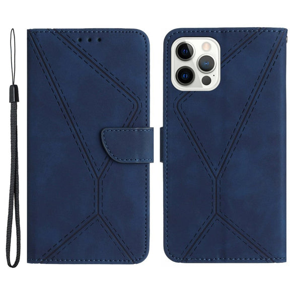 iPhone 15 Pro Max Læder Cover m. Pung & Strop - Line Mønster - Blå