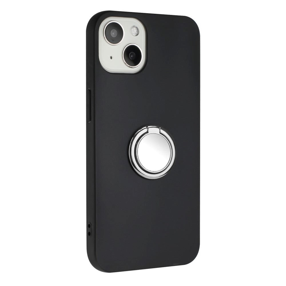 iPhone 15 Fleksibelt Plastik Cover m. Ring Kickstand - Sort m. Magnetisk Sølv Ring