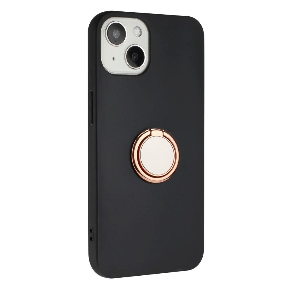 iPhone 15 Fleksibelt Plastik Cover m. Ring Kickstand - Sort m. Magnetisk Rose Gold Ring