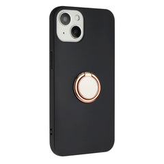 iPhone 15 Plus Fleksibelt Plastik Cover m. Ring Kickstand - Sort m. Magnetisk Rose Gold Ring