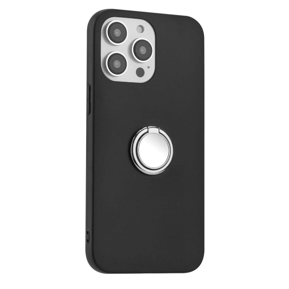 iPhone 15 Pro Max Fleksibelt Plastik Cover m. Ring Kickstand - Sort m. Magnetisk Sølv Ring