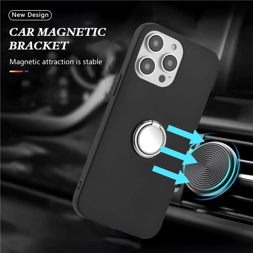 iPhone 15 Pro Fleksibelt Plastik Cover m. Ring Kickstand - Sort m. Magnetisk Sølv Ring