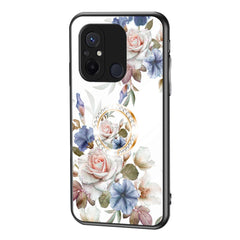 Xiaomi Redmi 12C Plastik Cover m. Glasbagside & Magnetisk Kickstand / Finger Ring - Hvid m. Blomster