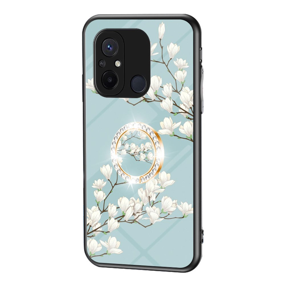 Xiaomi Redmi 12C Plastik Cover m. Glasbagside & Magnetisk Kickstand / Finger Ring - Turkis m. Blomster
