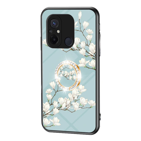 Xiaomi Redmi 12C Plastik Cover m. Glasbagside & Magnetisk Kickstand / Finger Ring - Turkis m. Blomster