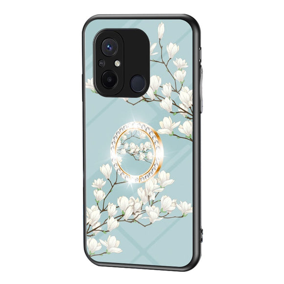 Xiaomi Redmi 12C Plastik Cover m. Glasbagside & Magnetisk Kickstand / Finger Ring - Turkis m. Blomster