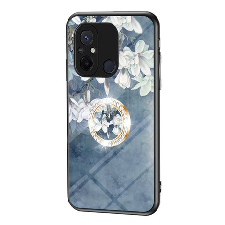 Xiaomi Redmi 12C Plastik Cover m. Glasbagside & Magnetisk Kickstand / Finger Ring - Blå m. Blomster
