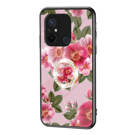 Xiaomi Redmi 12C Plastik Cover m. Glasbagside & Magnetisk Kickstand / Finger Ring - Lyserød m. Blomster
