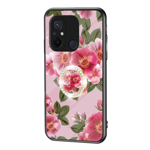 Xiaomi Redmi 12C Plastik Cover m. Glasbagside & Magnetisk Kickstand / Finger Ring - Lyserød m. Blomster