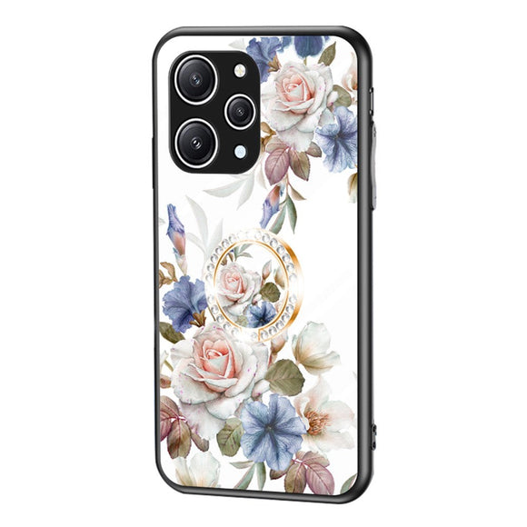 Xiaomi Redmi 12 (4G) Plastik Cover m. Glasbagside & Fingerring - Blomster Print - Hvid