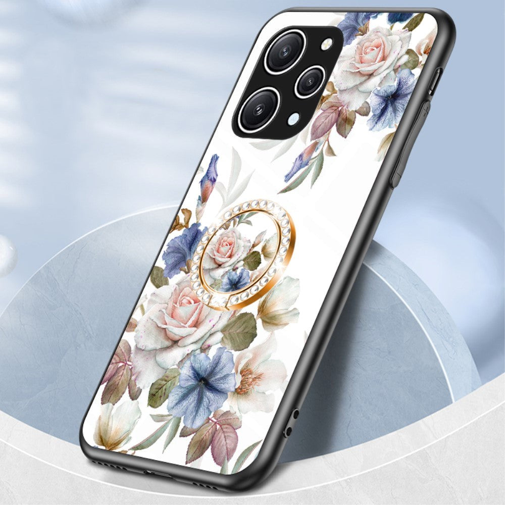 Xiaomi Redmi 12 (4G) Plastik Cover m. Glasbagside & Fingerring - Blomster Print - Hvid