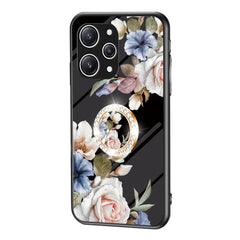 Xiaomi Redmi 12 (4G) Plastik Cover m. Glasbagside & Fingerring - Blomster Print - Sort