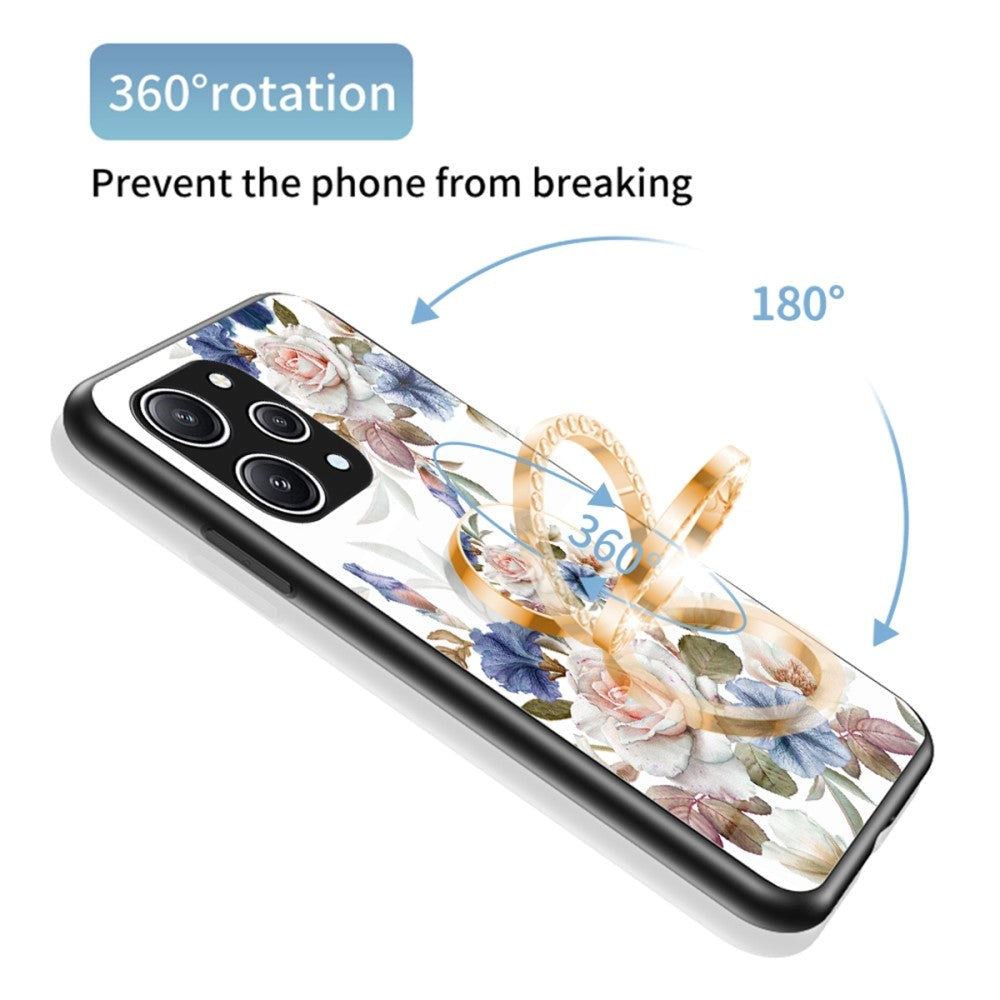 Xiaomi Redmi 12 (4G) Plastik Cover m. Glasbagside & Fingerring - Blomster Print - Sort