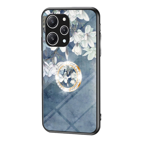 Xiaomi Redmi 12 (4G) Plastik Cover m. Glasbagside & Fingerring - Blomster Print - Blå