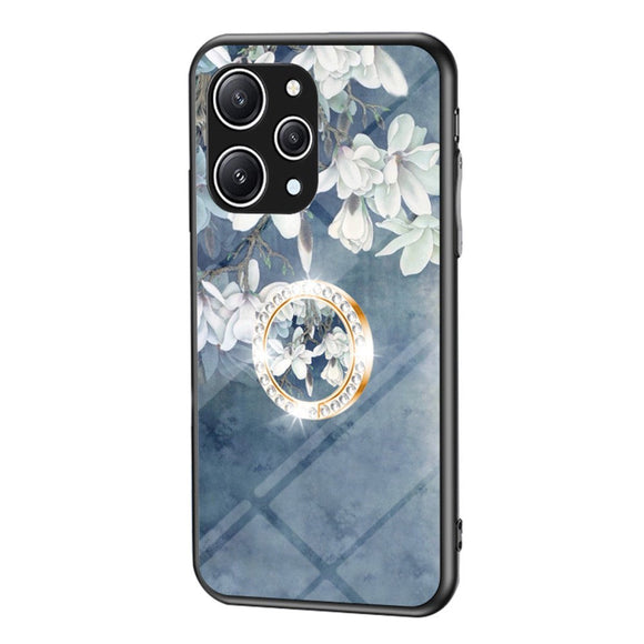 Xiaomi Redmi 12 (4G) Plastik Cover m. Glasbagside & Fingerring - Blomster Print - Blå