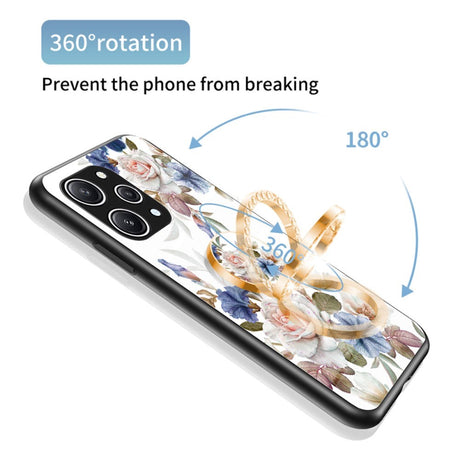 Xiaomi Redmi 12 (4G) Plastik Cover m. Glasbagside & Fingerring - Blomster Print - Blå