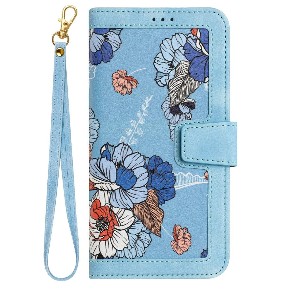 iPhone 15 Pro Læder Cover m. Pung & Strop - Lyseblå m. Blomster