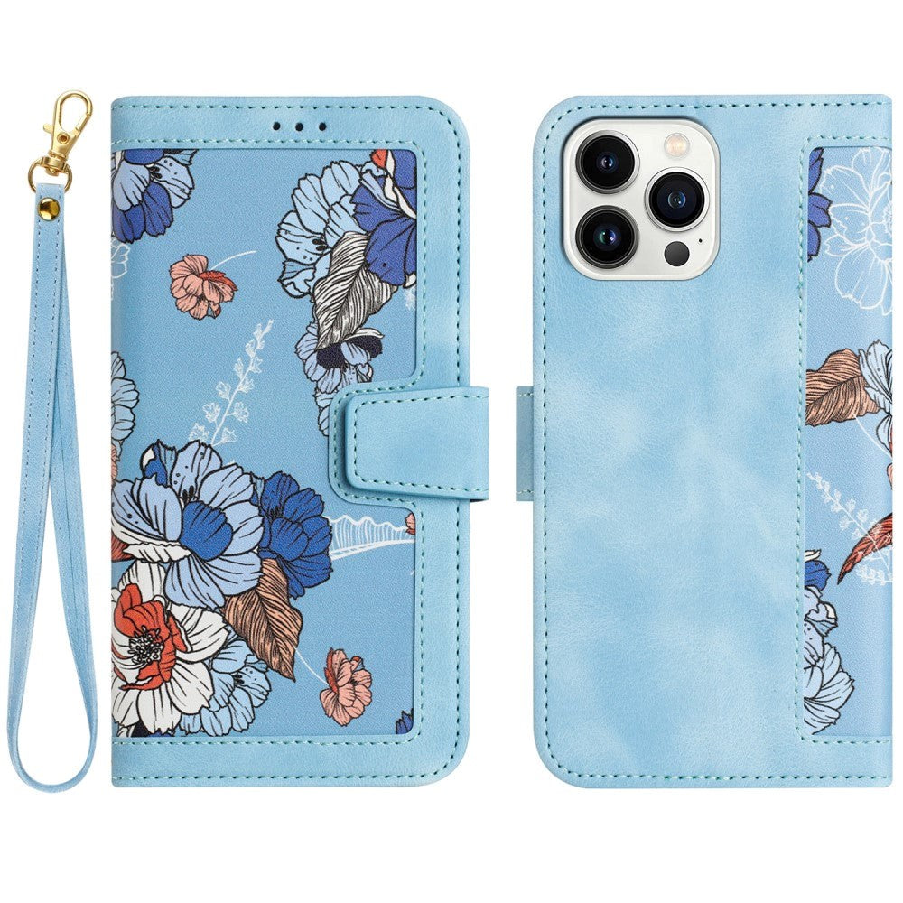 iPhone 15 Pro Læder Cover m. Pung & Strop - Lyseblå m. Blomster