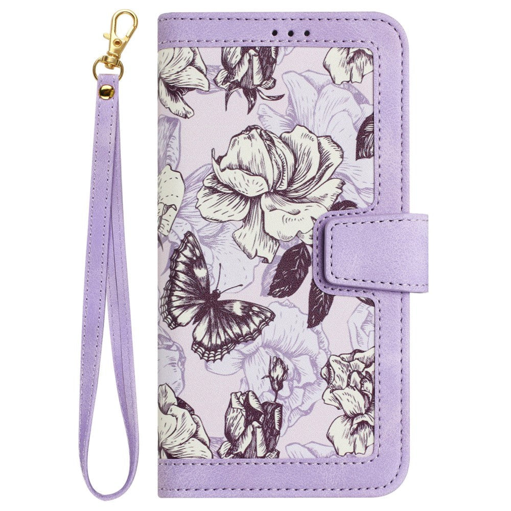 iPhone 15 Pro Læder Cover m. Pung & Strop - Lilla m. Blomster og Sommerfugl