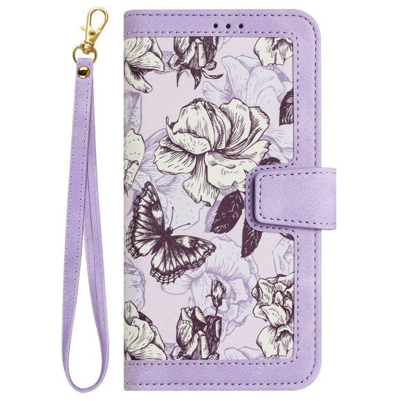 iPhone 15 Pro Læder Cover m. Pung & Strop - Lilla m. Blomster og Sommerfugl