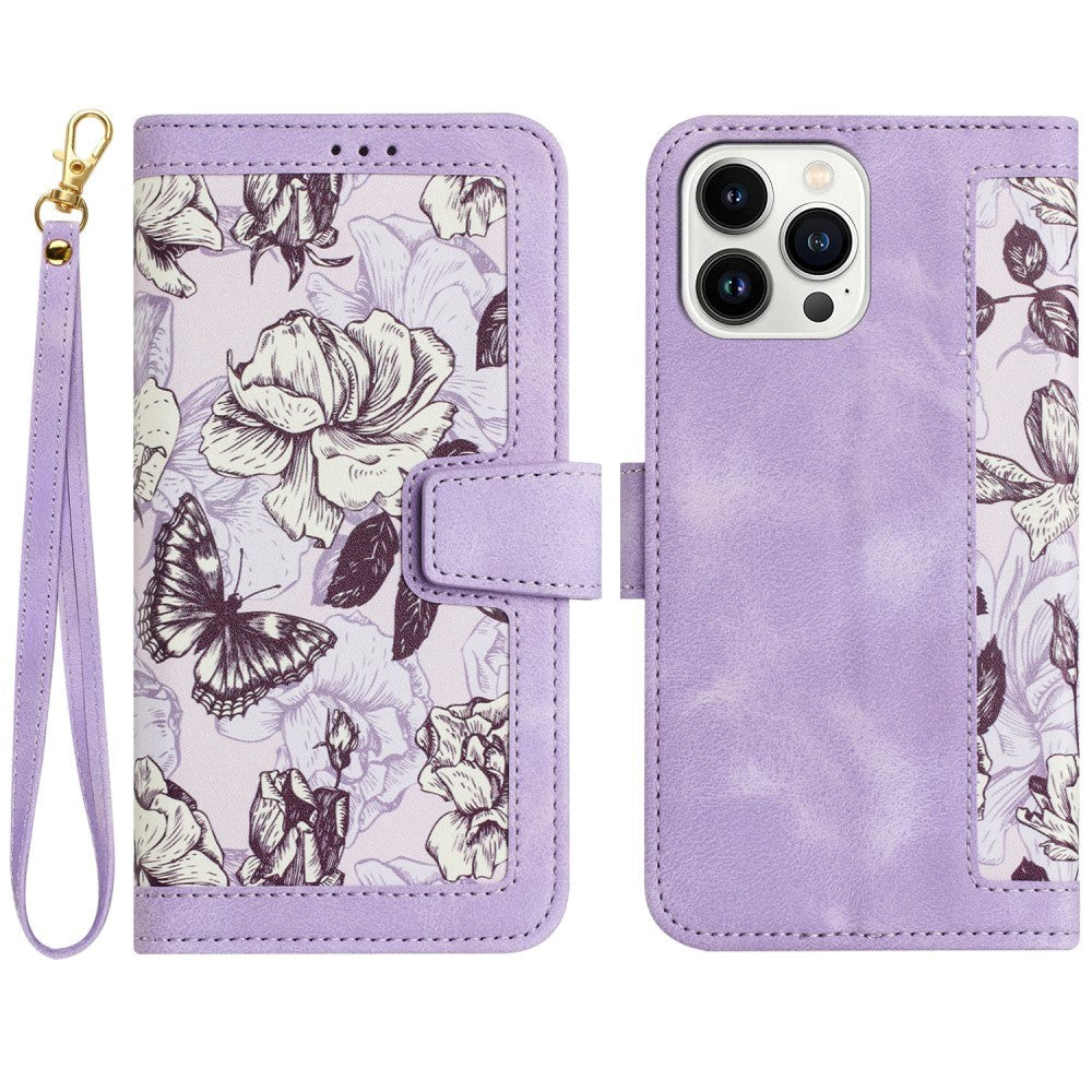 iPhone 15 Pro Læder Cover m. Pung & Strop - Lilla m. Blomster og Sommerfugl