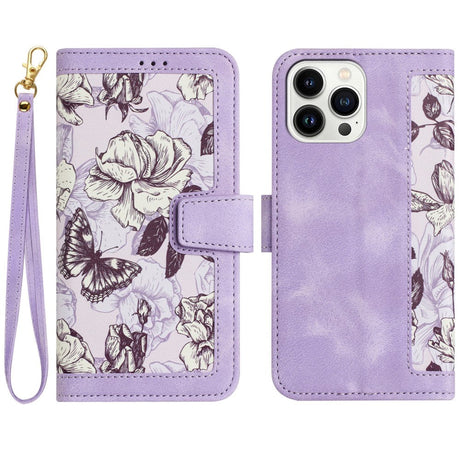 iPhone 15 Pro Læder Cover m. Pung & Strop - Lilla m. Blomster og Sommerfugl