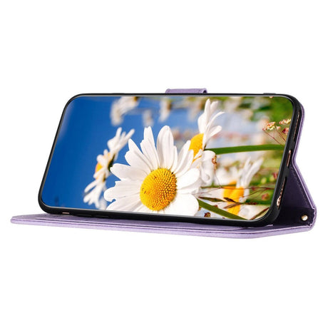 iPhone 15 Pro Læder Cover m. Pung & Strop - Lilla m. Blomster og Sommerfugl