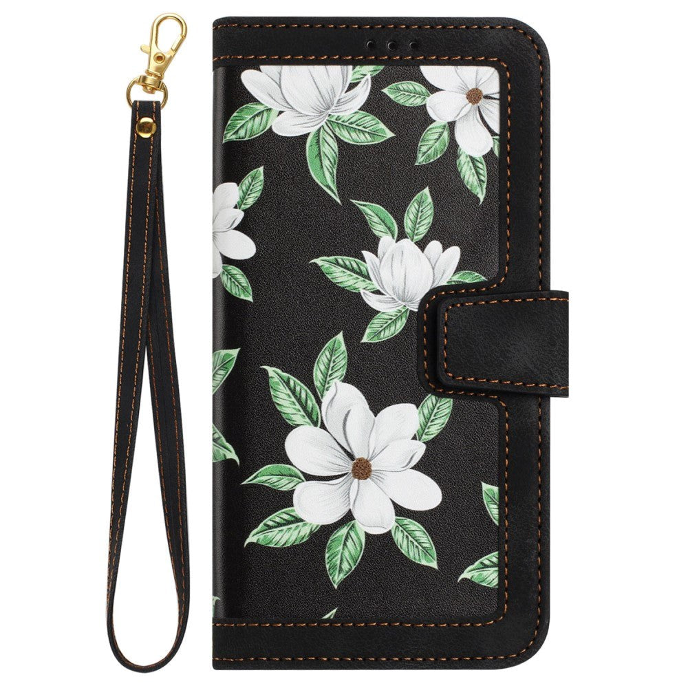iPhone 15 Plus Læder Cover m. Pung og Strop - Sort m. Blomster