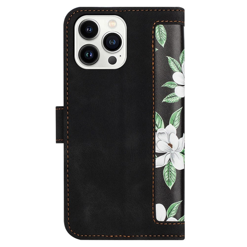 iPhone 15 Plus Læder Cover m. Pung og Strop - Sort m. Blomster
