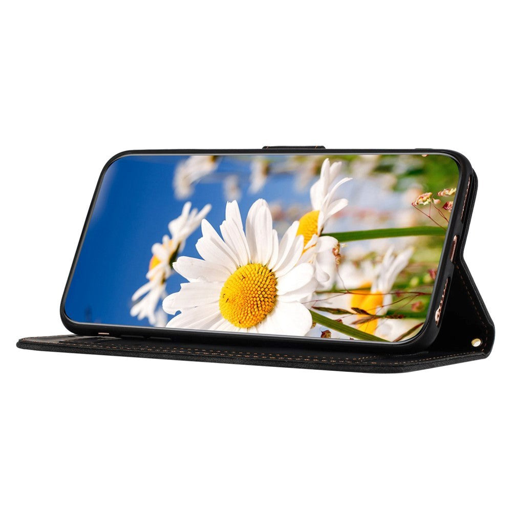 iPhone 15 Plus Læder Cover m. Pung og Strop - Sort m. Blomster