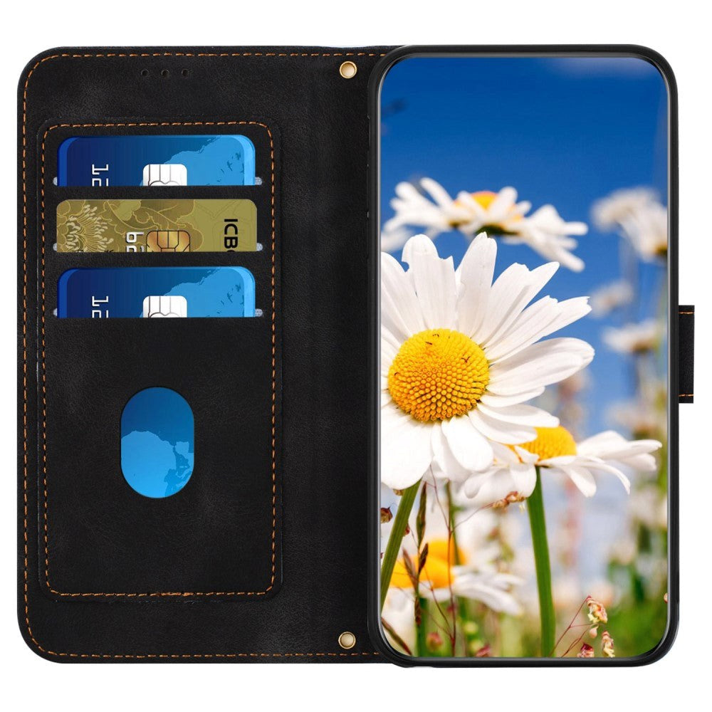 iPhone 15 Plus Læder Cover m. Pung og Strop - Sort m. Blomster