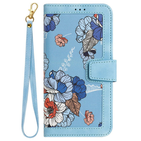 iPhone 15 Pro Max Læder Cover m. Pung & Strop - Lyseblå m. Blomster
